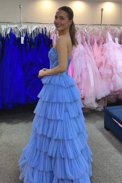 Blue Tulle Strapless Sweetheart Neck Lace Long Prom Dresses, Strapless Blue Formal Graduation Evening Dresses WT1764