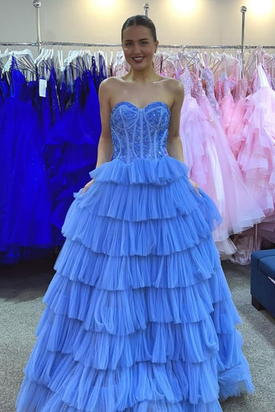 Blue Tulle Strapless Sweetheart Neck Lace Long Prom Dresses, Strapless Blue Formal Graduation Evening Dresses WT1764