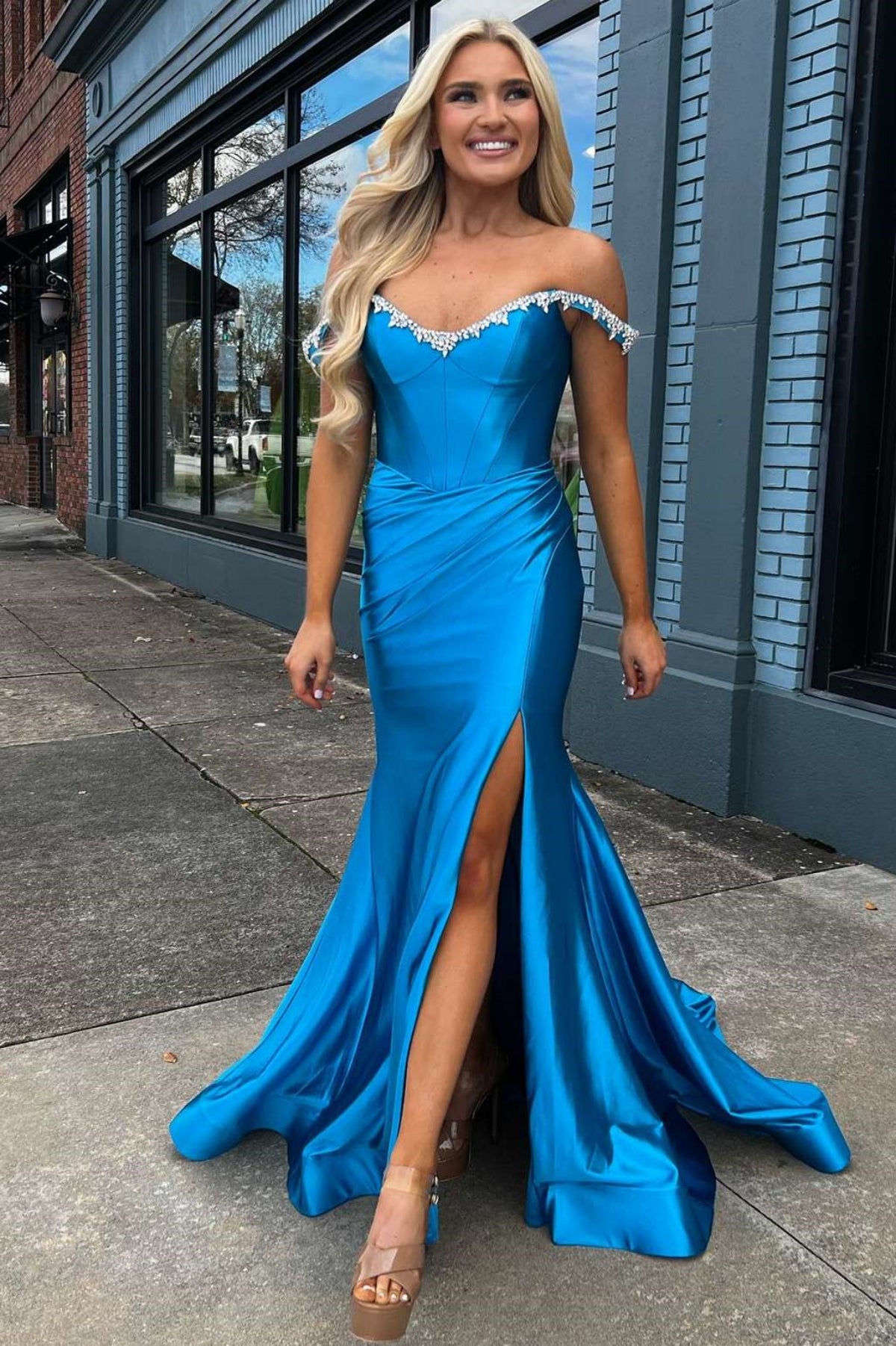 Blue/Yellow Satin Off the Shoulder Beaded Mermaid High Slit Long Prom Dresses, Long Blue/Yellow Formal Graduation Evening Dresses WT1600