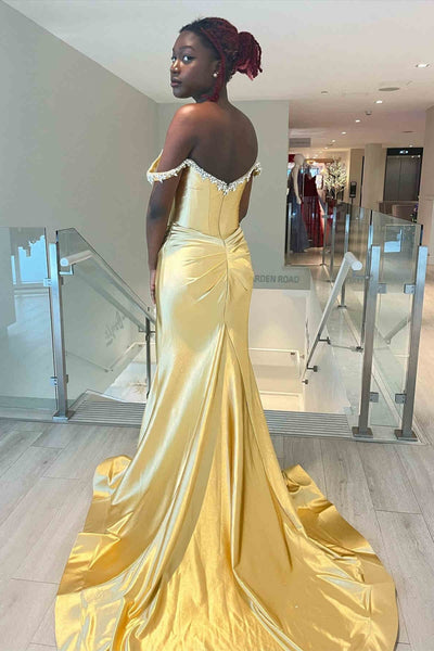 Blue/Yellow Satin Off the Shoulder Beaded Mermaid High Slit Long Prom Dresses, Long Blue/Yellow Formal Graduation Evening Dresses WT1600