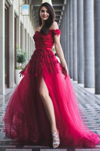 Burgundy Off Shoulder Lace Floral Long Prom Dresses, Off the Shoulder Burgundy Formal Dresses, Wine Red Lace Evening Dresses WT1315