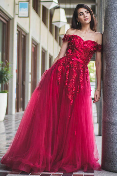 Burgundy Off Shoulder Lace Floral Long Prom Dresses, Off the Shoulder Burgundy Formal Dresses, Wine Red Lace Evening Dresses WT1315