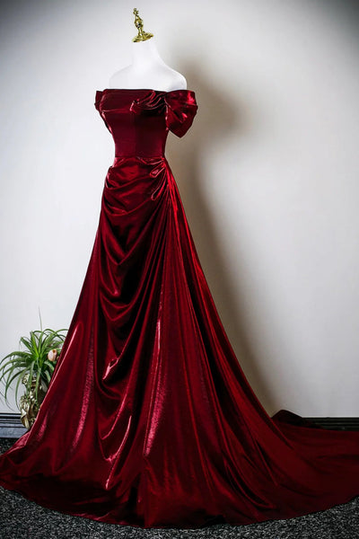 Burgundy Satin A Line Off the Shoulder Long Prom Dresses, Long Burgundy Formal Graduation Evening Dresses WT1654