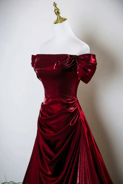 Burgundy Satin A Line Off the Shoulder Long Prom Dresses, Long Burgundy Formal Graduation Evening Dresses WT1654