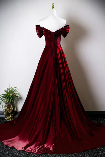 Burgundy Satin A Line Off the Shoulder Long Prom Dresses, Long Burgundy Formal Graduation Evening Dresses WT1654