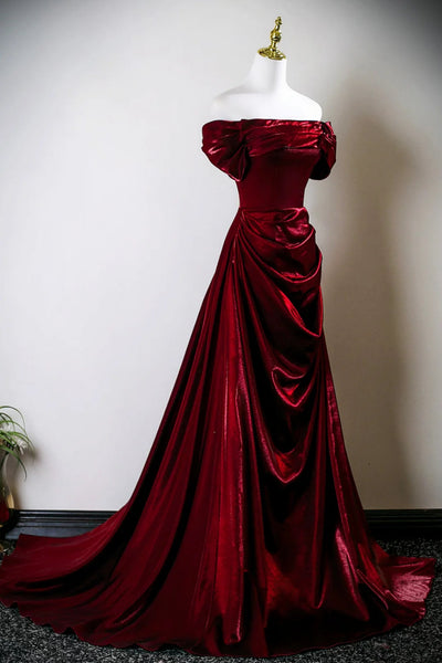 Burgundy Satin A Line Off the Shoulder Long Prom Dresses, Long Burgundy Formal Graduation Evening Dresses WT1654