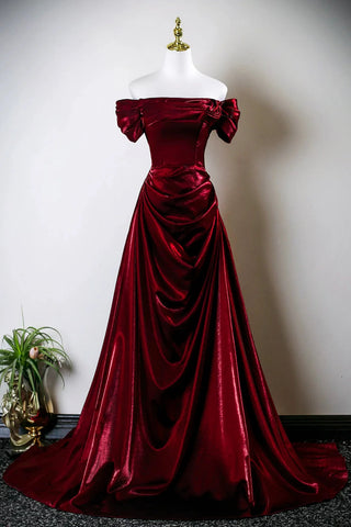Burgundy Satin A Line Off the Shoulder Long Prom Dresses, Long Burgundy Formal Graduation Evening Dresses WT1654