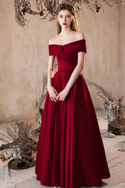 Burgundy Satin A Line Off the Shoulder Long Prom Dresses, Off Shoulder Burgundy Formal Graduation Evening Dresses WT1668