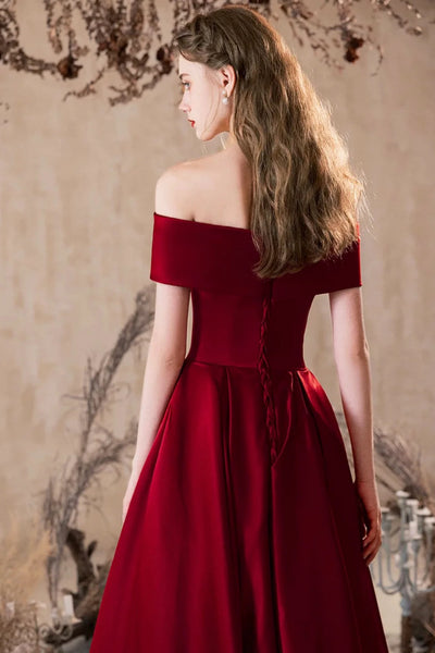 Burgundy Satin A Line Off the Shoulder Long Prom Dresses, Off Shoulder Burgundy Formal Graduation Evening Dresses WT1668