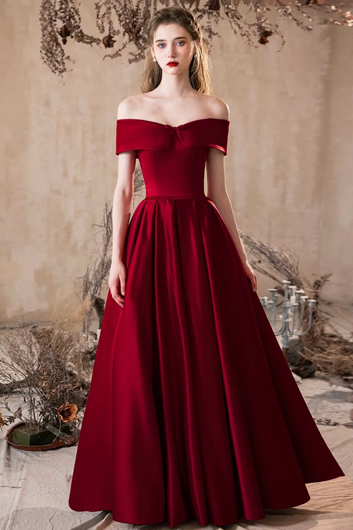 Burgundy Satin A Line Off the Shoulder Long Prom Dresses, Off Shoulder Burgundy Formal Graduation Evening Dresses WT1668