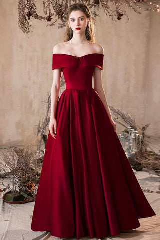 Burgundy Satin A Line Off the Shoulder Long Prom Dresses, Off Shoulder Burgundy Formal Graduation Evening Dresses WT1668