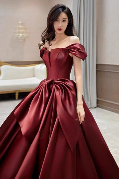 Burgundy Satin Off the Shoulder Long Prom Dresses with Bow, Off the Shoulder Formal Dresses, Burgundy Evening Dresses