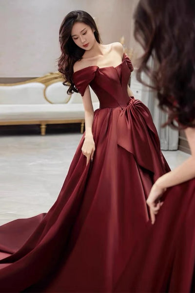 Burgundy Satin Off the Shoulder Long Prom Dresses with Bow, Off the Shoulder Formal Dresses, Burgundy Evening Dresses