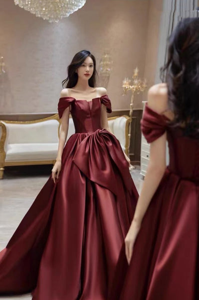 Burgundy Satin Off the Shoulder Long Prom Dresses with Bow, Off the Shoulder Formal Dresses, Burgundy Evening Dresses