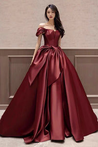 Burgundy Satin Off the Shoulder Long Prom Dresses with Bow, Off the Shoulder Formal Dresses, Burgundy Evening Dresses