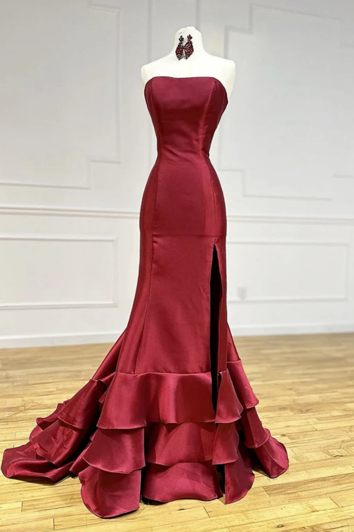Burgundy Satin Strapless Mermaid High Slit Long Prom Dresses, Long Bur Lwt Dress Burgundy Satin Strapless Mermaid High Slit Long Prom Dresses, Long Bur Lwt Dress