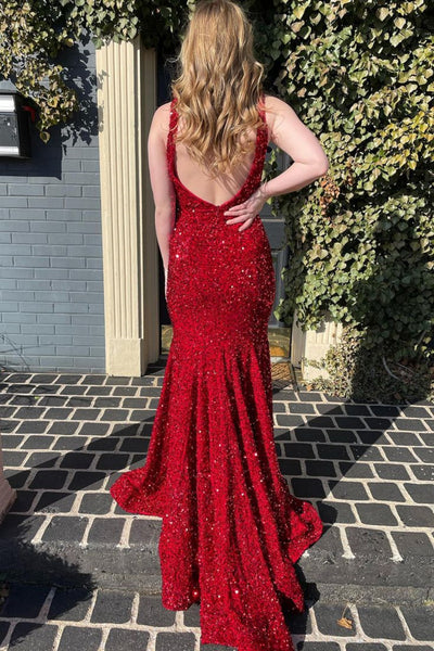 Burgundy Sequins V Neck Mermaid Backless Long Prom Dresses, Mermaid Burgundy Formal Dresses, Burgundy Evening Dresses WT1395