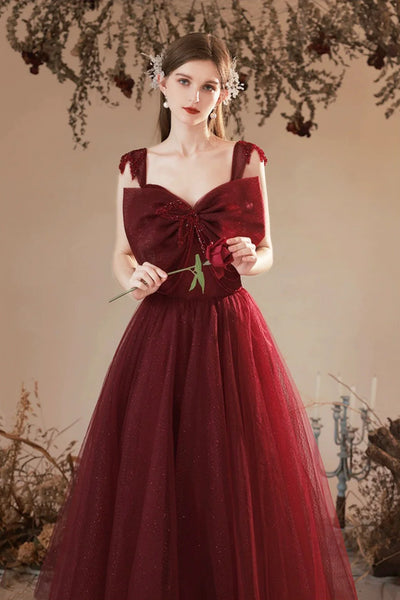 Burgundy Tulle A Line Long Prom Dresses with Bow, Long Burgundy Formal Graduation Evening Dresses WT1443
