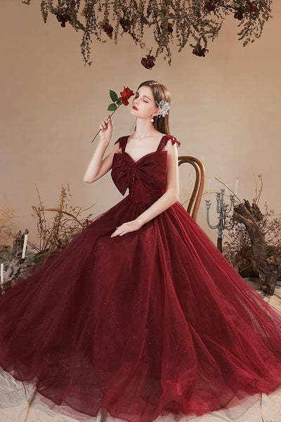 Burgundy Tulle A Line Long Prom Dresses with Bow, Long Burgundy Formal Graduation Evening Dresses WT1443