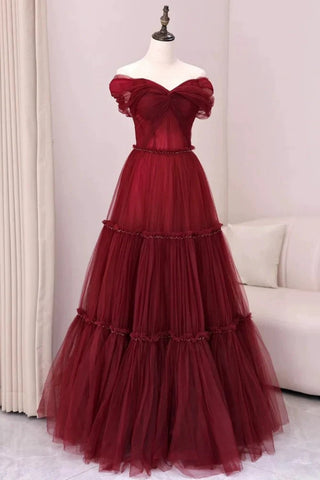 Burgundy Tulle A Line Off the Shoulder Long Prom Dresses, Long Burgundy Formal Graduation Evening Dresses WT1584