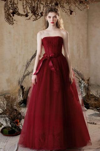 Burgundy Tulle A Line Strapless Long Prom Dresses, Wine Red Tulle Formal Graduation Evening Dresses WT1567