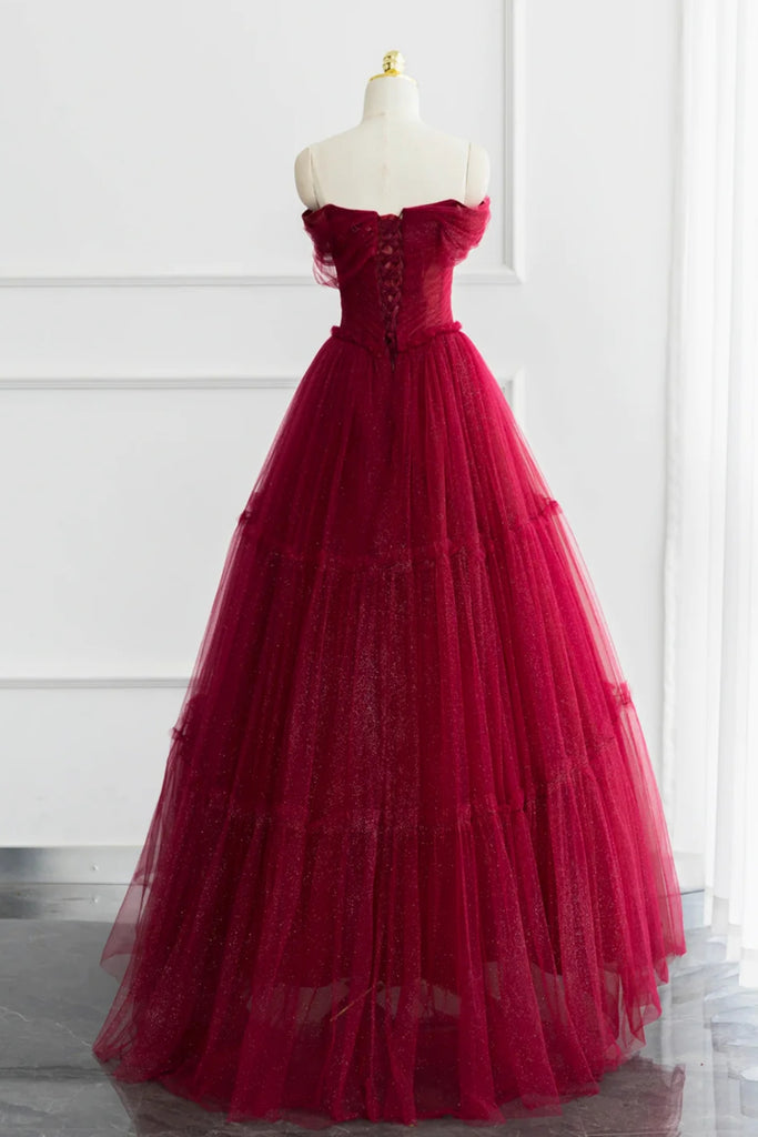 Burgundy Tulle Shiny Off Shoulder Long Prom Dresses, Wine Red Tulle Fo Lwt Dress Burgundy Tulle Shiny Off Shoulder Long Prom Dresses, Wine Red Tulle Fo Lwt Dress
