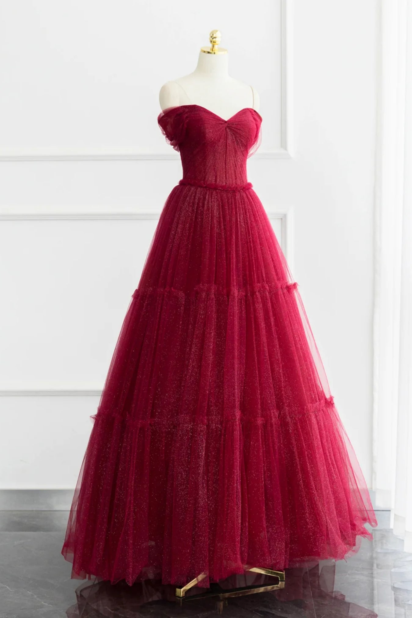 Burgundy Tulle Shiny Off Shoulder Long Prom Dresses, Wine Red Tulle Formal Graduation Evening Dresses WT1332
