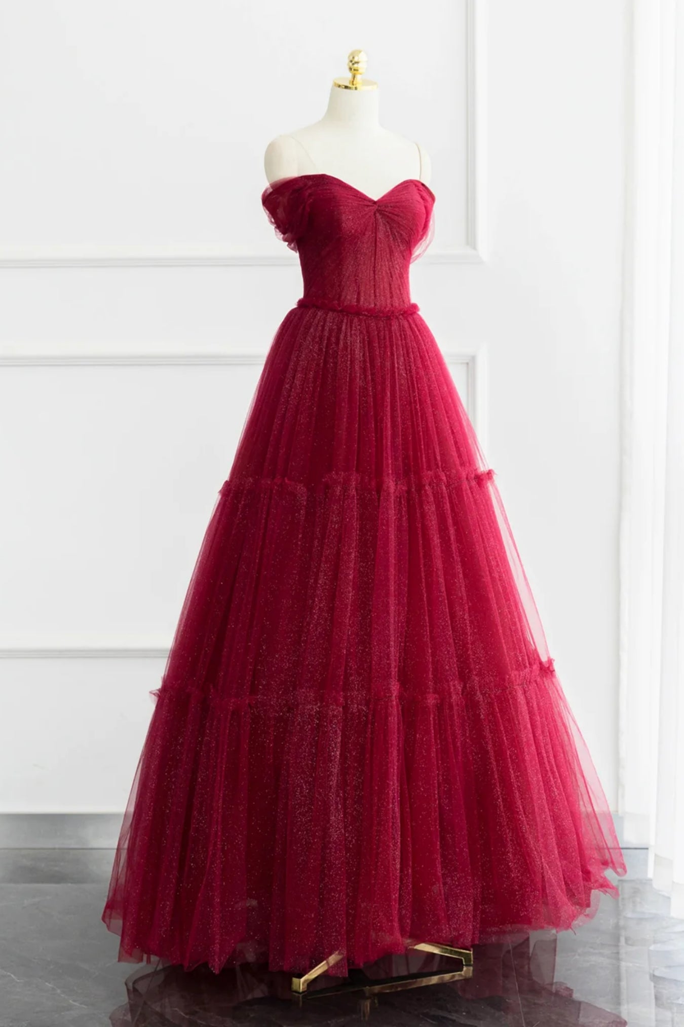 Burgundy Tulle Shiny Off Shoulder Long Prom Dresses, Wine Red Tulle Fo Lwt Dress Burgundy Tulle Shiny Off Shoulder Long Prom Dresses, Wine Red Tulle Fo Lwt Dress