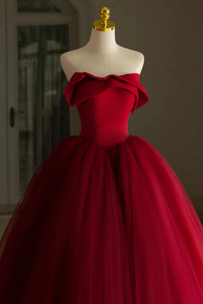 Burgundy Tulle Strapless Long Prom Dresses, Burgundy Tulle Formal Graduation Evening Dresses
