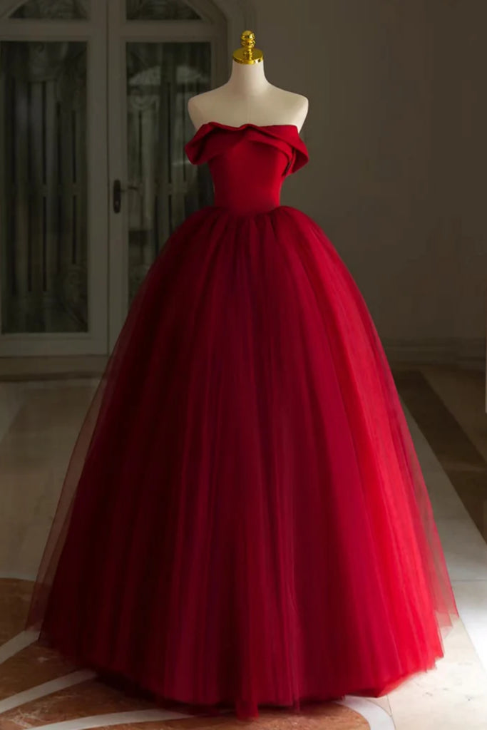 Burgundy Tulle Strapless Long Prom Dresses, Burgundy Tulle Formal Grad