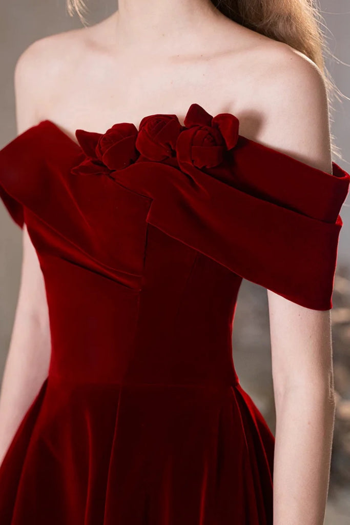 Burgundy Velvet A Line Off Shoulder Long Prom Dresses, Off the Shoulde Lwt Dress Burgundy Velvet A Line Off Shoulder Long Prom Dresses, Off the Shoulde Lwt Dress