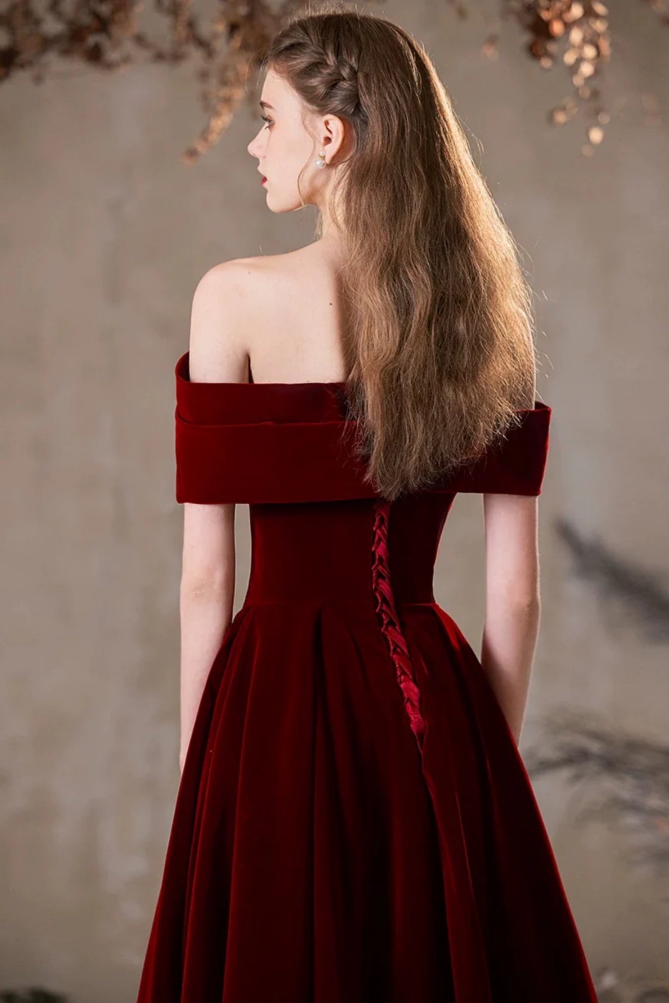 Burgundy Velvet A Line Off Shoulder Long Prom Dresses, Off the Shoulde
