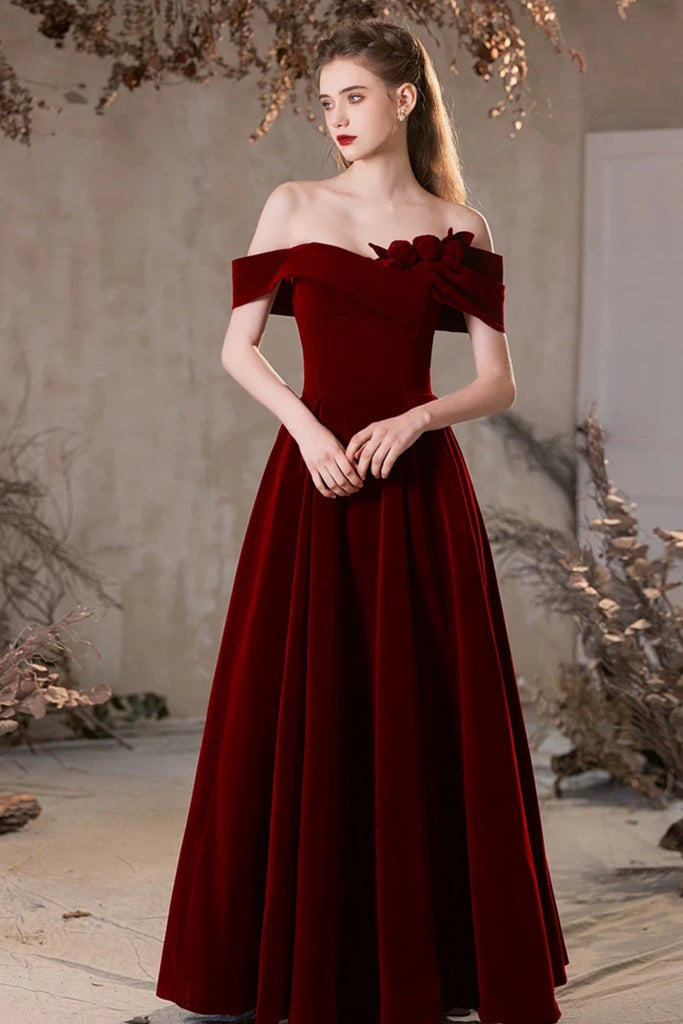 Burgundy Velvet A Line Off Shoulder Long Prom Dresses, Off the Shoulde Lwt Dress Burgundy Velvet A Line Off Shoulder Long Prom Dresses, Off the Shoulde Lwt Dress