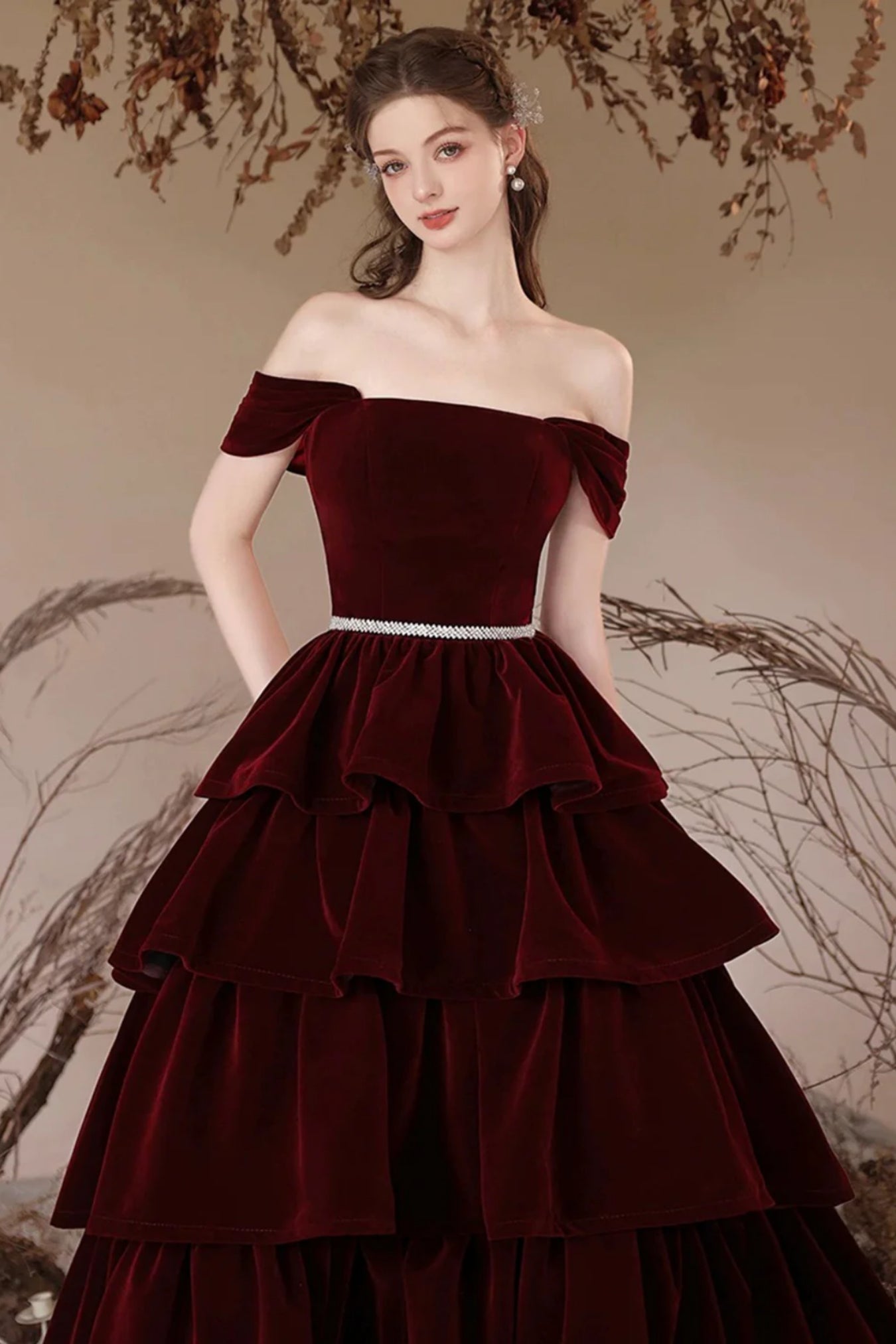 Burgundy Off the Shoulder Velvet Prom Dress