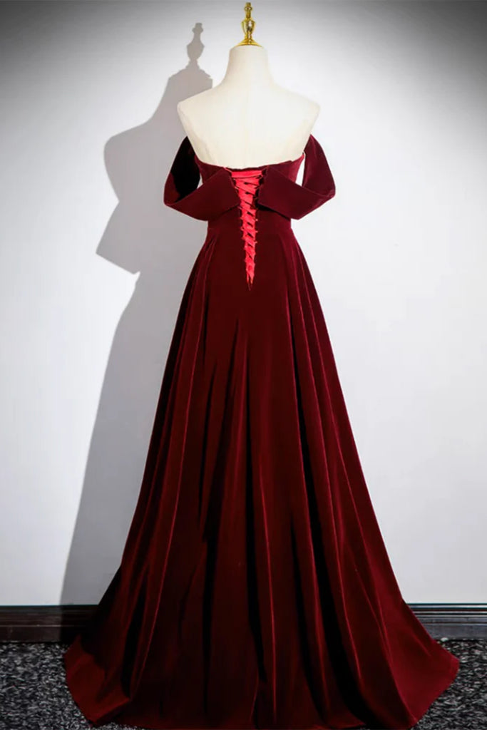 Burgundy Velvet Off Shoulder Long Prom Dresses with Beadings, Off the Lwt Dress Burgundy Velvet Off Shoulder Long Prom Dresses with Beadings, Off the Lwt Dress