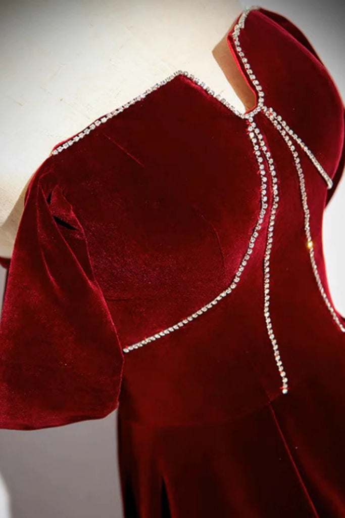 Burgundy Velvet Off Shoulder Long Prom Dresses with Beadings, Off the Lwt Dress Burgundy Velvet Off Shoulder Long Prom Dresses with Beadings, Off the Lwt Dress