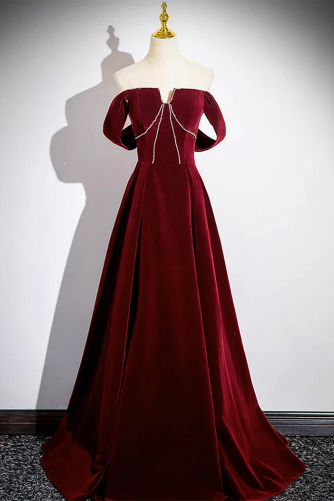 Burgundy Velvet Off Shoulder Long Prom Dresses with Beadings, Off the Lwt Dress Burgundy Velvet Off Shoulder Long Prom Dresses with Beadings, Off the Lwt Dress