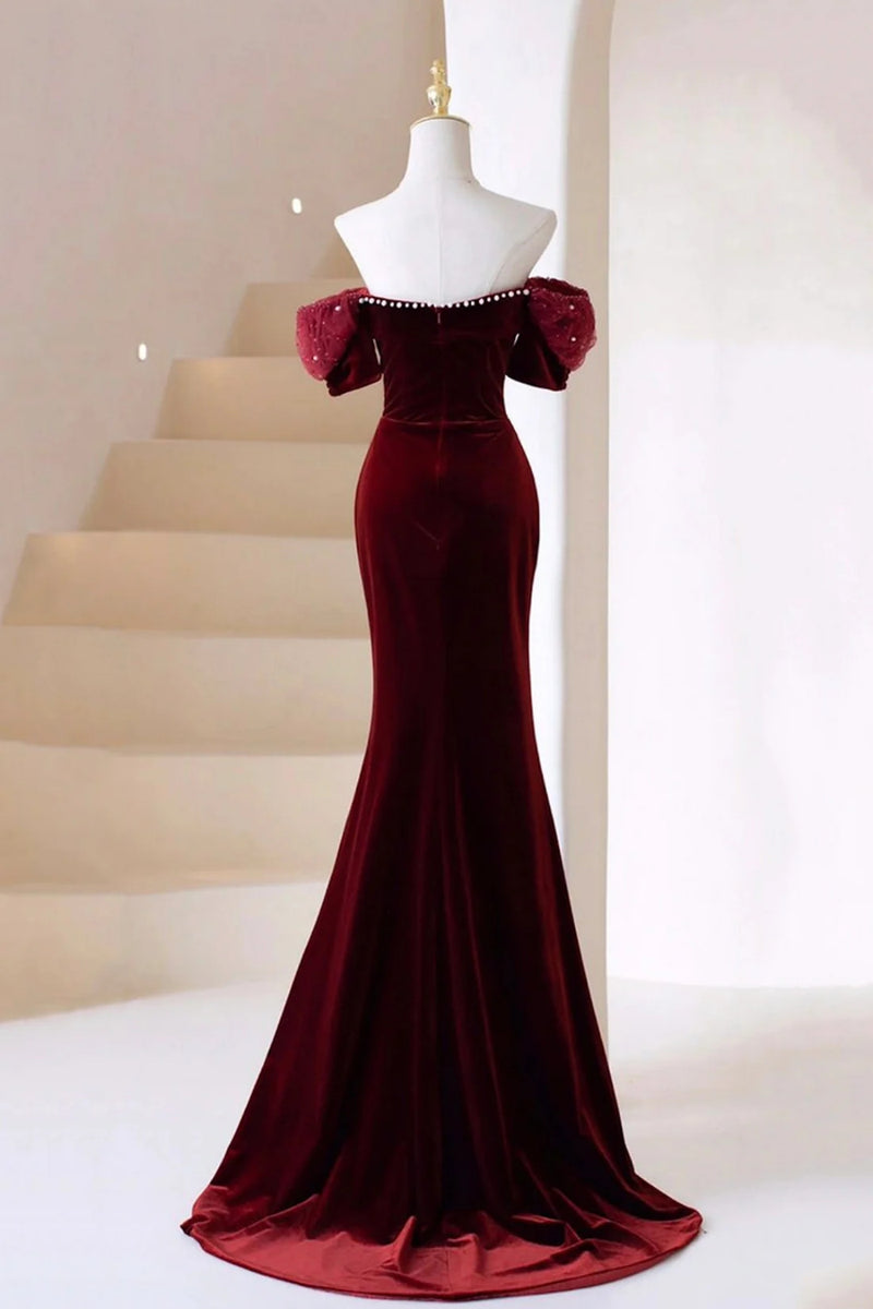 Burgundy Mermaid Satin Off the Shoulder Evening Prom Dress main image 1