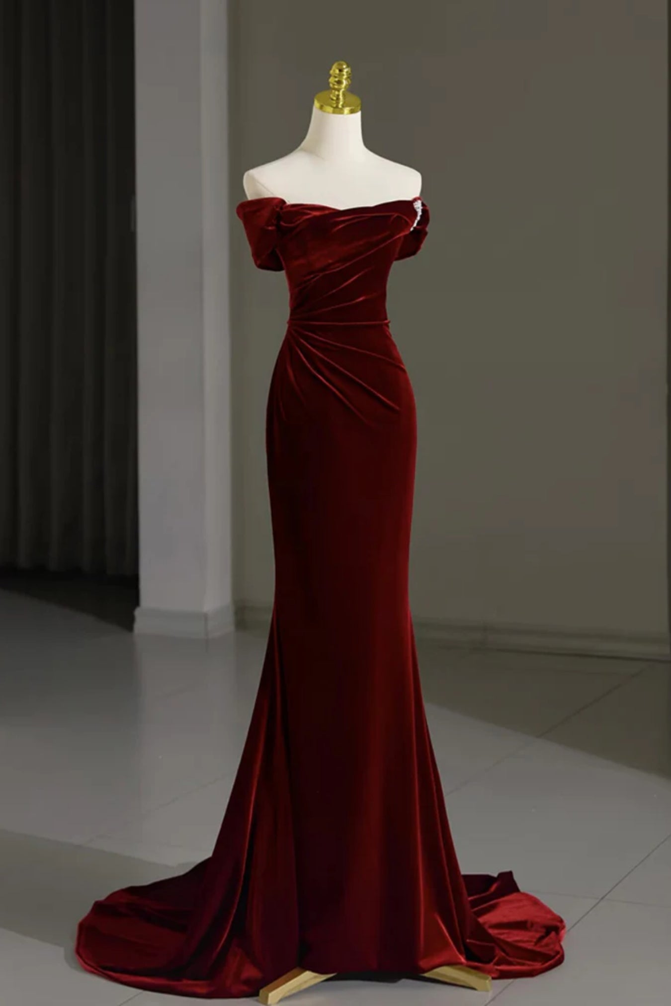 Burgundy Velvet Off Shoulder Mermaid Long Prom Dresses, Mermaid Maroon Formal Dresses, Wine Red Evening Dresses WT1558