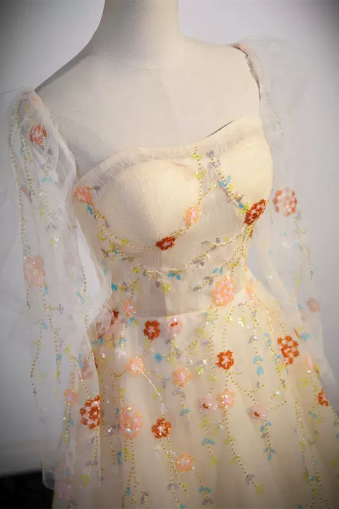 Champagne Floral Long Sleeves Prom Dresses, Champagne Formal Dresses w