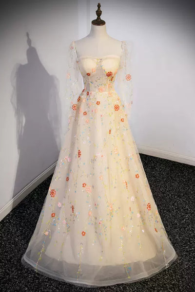 Champagne Floral Long Sleeves Prom Dresses, Champagne Formal Dresses with Appliques, Champagne Evening Dresses WT1247