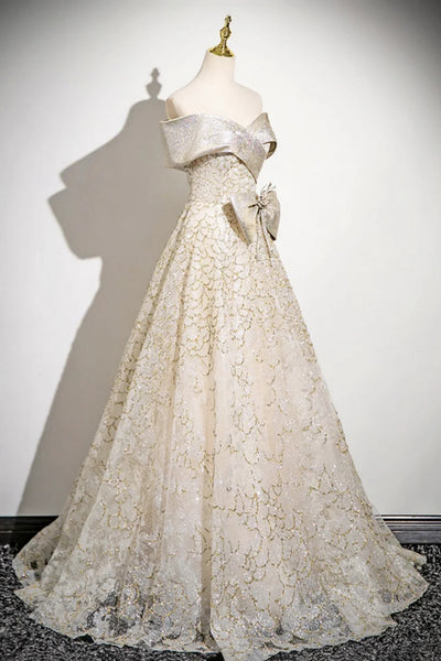 Champagne Glitter Sequins Off the Shoulder Floor Length Long Prom Dresses, Off the Shoulder Champagne Formal Graduation Evening Dresses WT1571