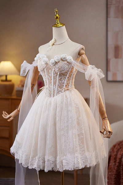 Champagne Lace Off the Shoulder Short Prom Dresses with Flowers, Champagne Lace Homecoming Dresses WT1671