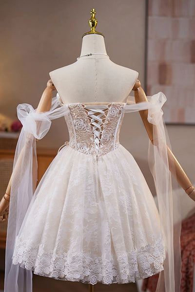 Champagne Lace Off the Shoulder Short Prom Dresses with Flowers, Champagne Lace Homecoming Dresses WT1671