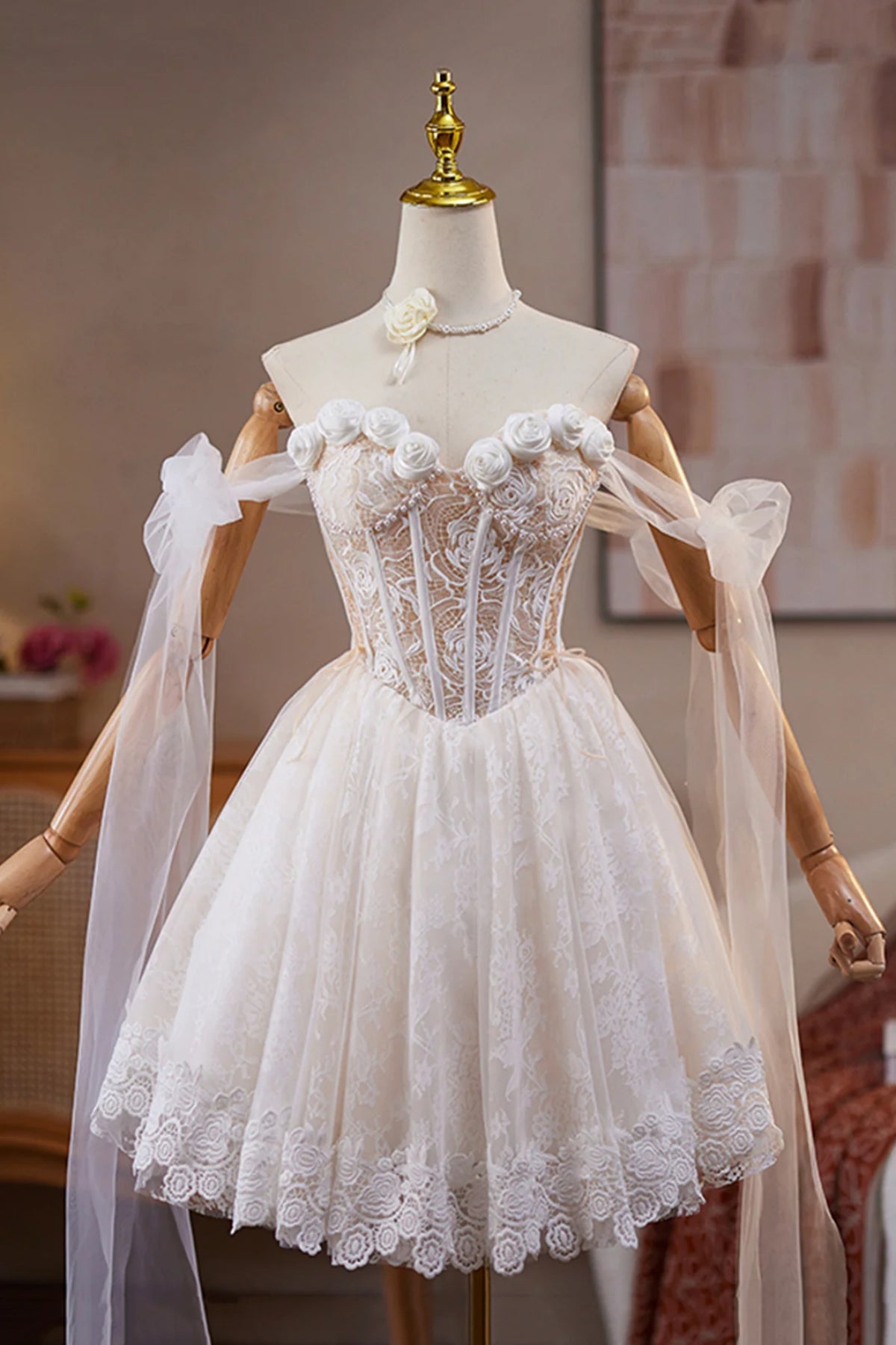Champagne Lace Off the Shoulder Short Prom Dresses with Flowers, Champagne Lace Homecoming Dresses WT1671