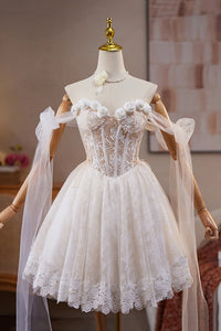Champagne Lace Off the Shoulder Short Prom Dresses with Flowers, Champagne Lace Homecoming Dresses WT1671