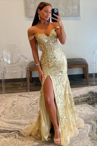 Champagne Off the Shoulder Mermaid Lace High Slit Long Prom Dresses, Champagne Lace Formal Graduation Evening Dresses WT1599