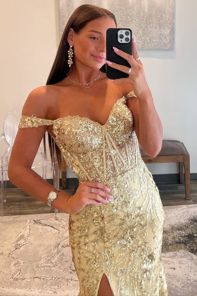 Champagne Off the Shoulder Mermaid Lace High Slit Long Prom Dresses, Champagne Lace Formal Graduation Evening Dresses WT1599