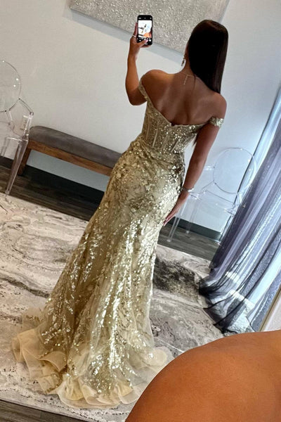 Champagne Off the Shoulder Mermaid Lace High Slit Long Prom Dresses, Champagne Lace Formal Graduation Evening Dresses WT1599