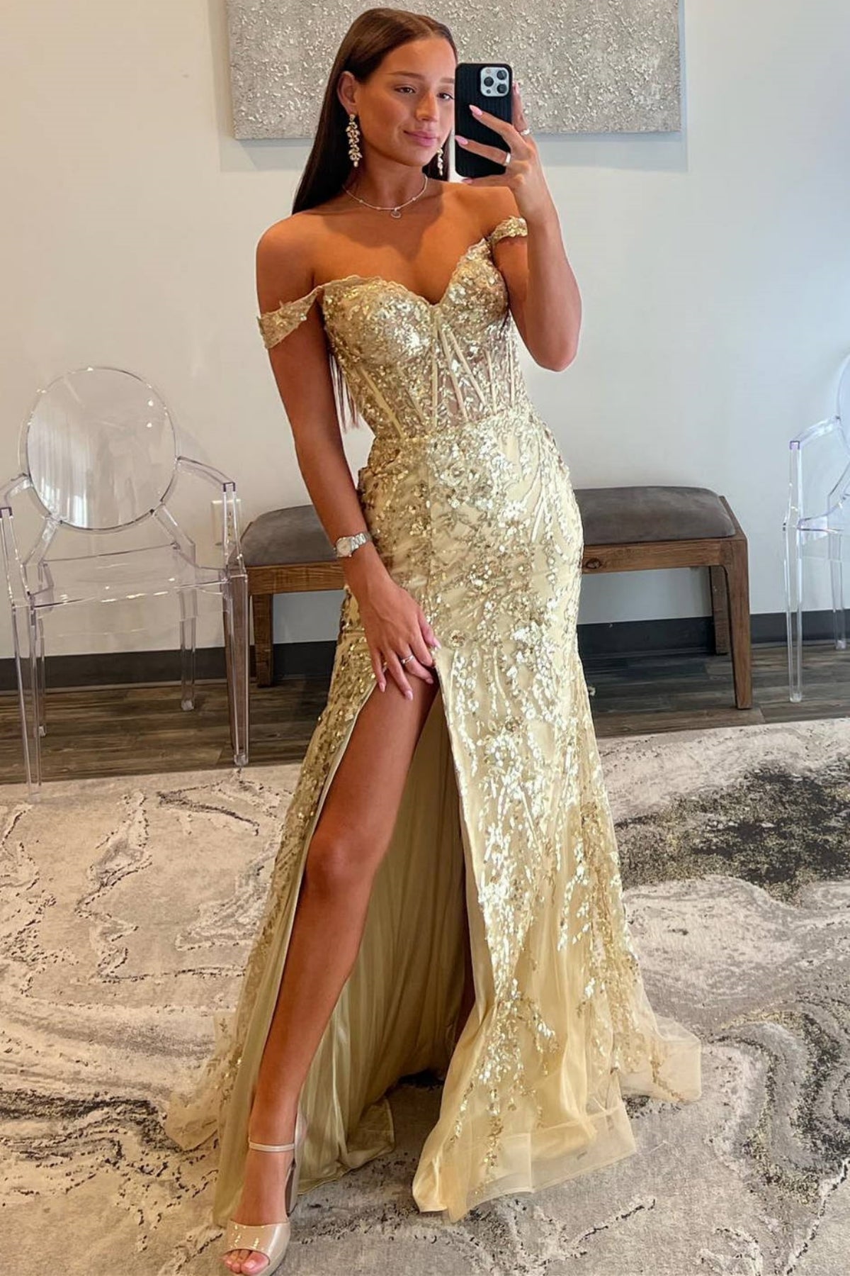 Champagne Off the Shoulder Mermaid Lace High Slit Long Prom Dresses, Champagne Lace Formal Graduation Evening Dresses WT1599